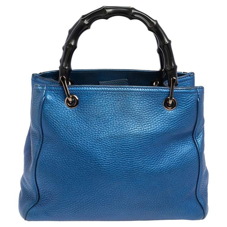 Pre Owned Gucci Metallic Blue Leather Small Bamboo Shopper Tote
