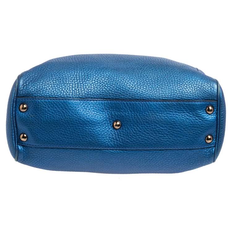 Pre Owned Gucci Metallic Blue Leather Small Bamboo Shopper Tote