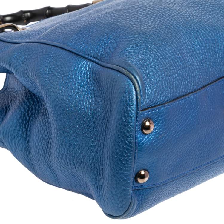 Pre Owned Gucci Metallic Blue Leather Small Bamboo Shopper Tote