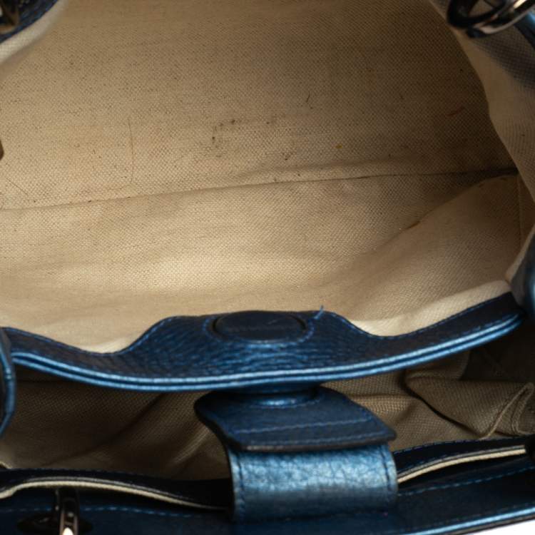 Pre Owned Gucci Metallic Blue Leather Small Bamboo Shopper Tote