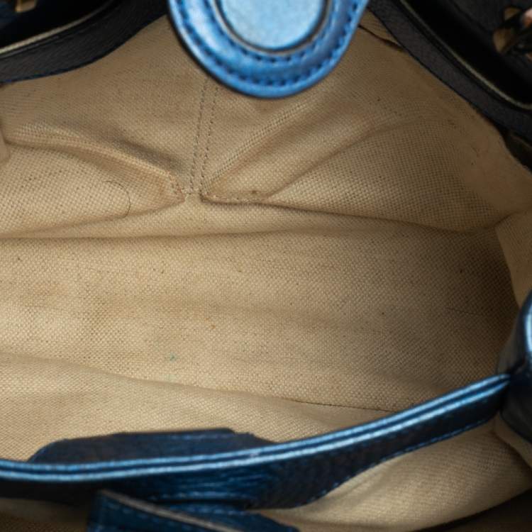 Pre Owned Gucci Metallic Blue Leather Small Bamboo Shopper Tote