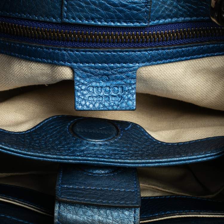 Pre Owned Gucci Metallic Blue Leather Small Bamboo Shopper Tote