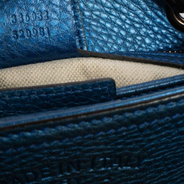 Pre Owned Gucci Metallic Blue Leather Small Bamboo Shopper Tote