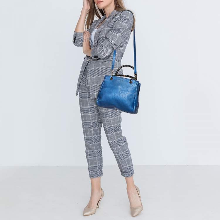 Pre Owned Gucci Metallic Blue Leather Small Bamboo Shopper Tote