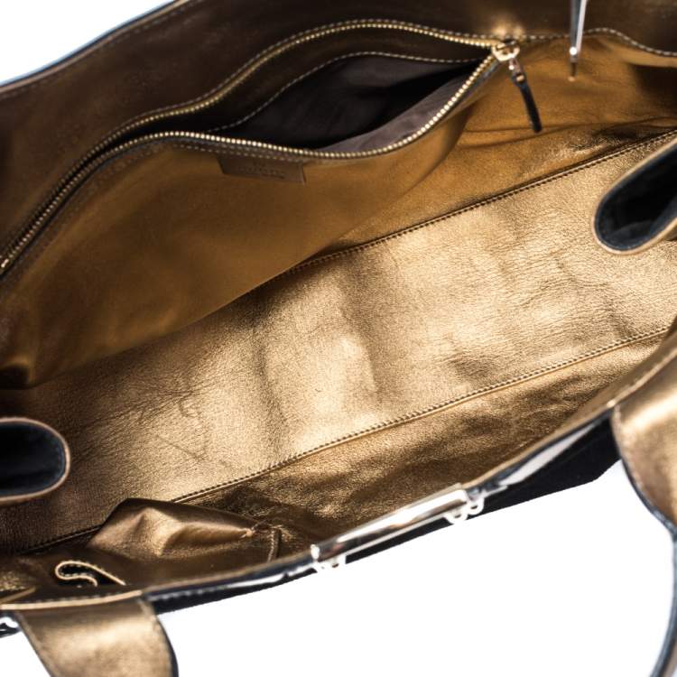 Pre Owned Gucci Black/Gold Suede And Leather Race Top Handle Bag