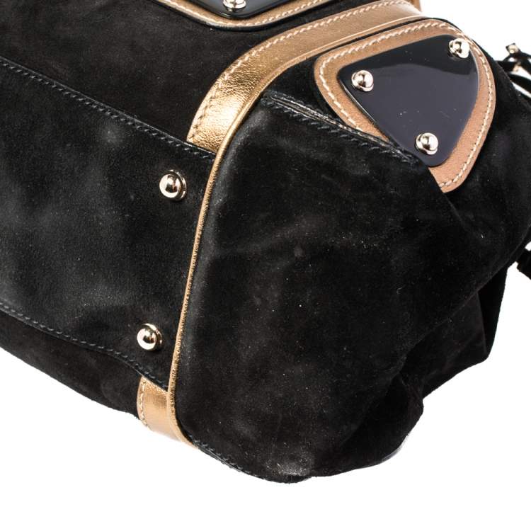 Pre Owned Gucci Black/Gold Suede And Leather Race Top Handle Bag