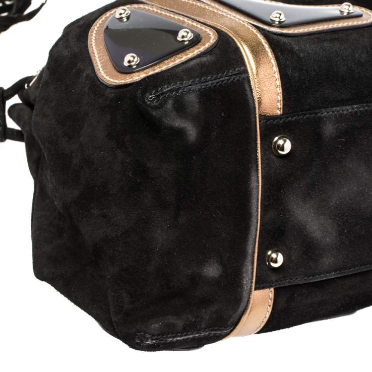 Pre Owned Gucci Black/Gold Suede And Leather Race Top Handle Bag