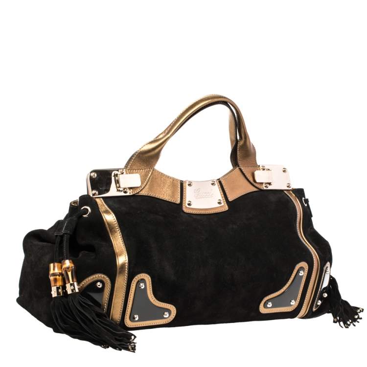 Pre Owned Gucci Black/Gold Suede And Leather Race Top Handle Bag