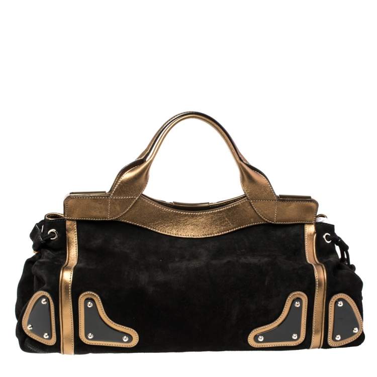 Pre Owned Gucci Black/Gold Suede And Leather Race Top Handle Bag