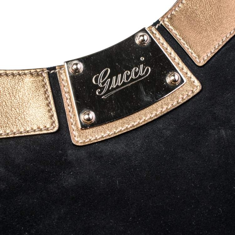 Pre Owned Gucci Black/Gold Suede And Leather Race Top Handle Bag