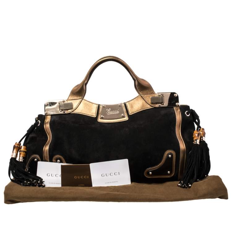 Pre Owned Gucci Black/Gold Suede And Leather Race Top Handle Bag