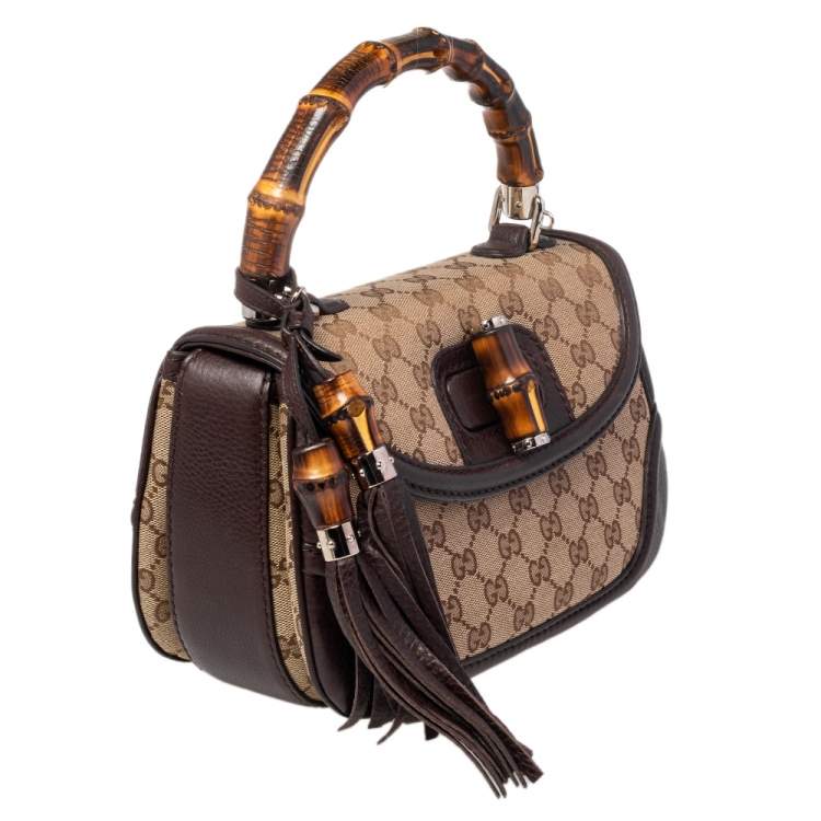 Pre Owned Gucci Beige/Ebony GG Canvas and Leather Medium New Bamboo Top Handle Bag