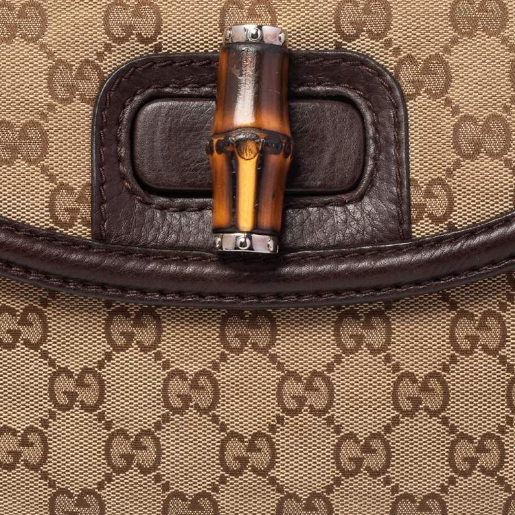 Pre Owned Gucci Beige/Ebony GG Canvas and Leather Medium New Bamboo Top Handle Bag