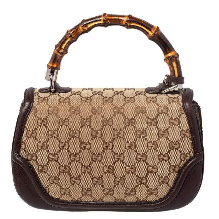 Pre Owned Gucci Beige/Ebony GG Canvas and Leather Medium New Bamboo Top Handle Bag