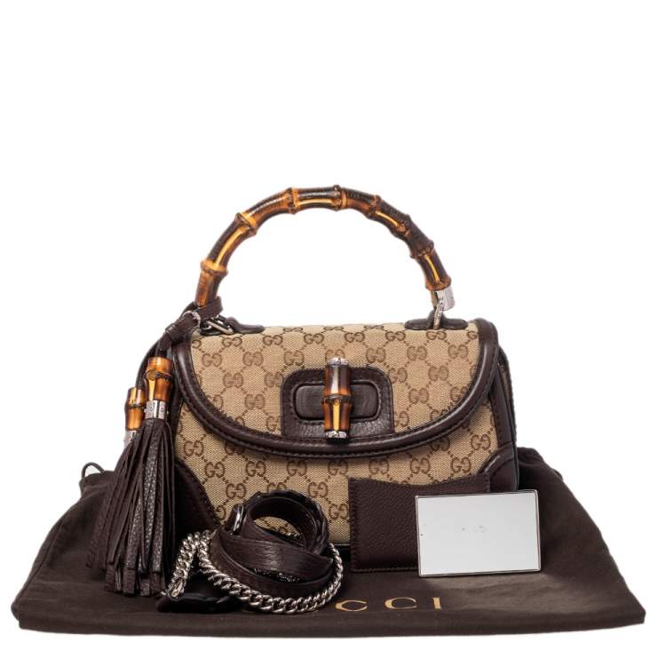 Pre Owned Gucci Beige/Ebony GG Canvas and Leather Medium New Bamboo Top Handle Bag