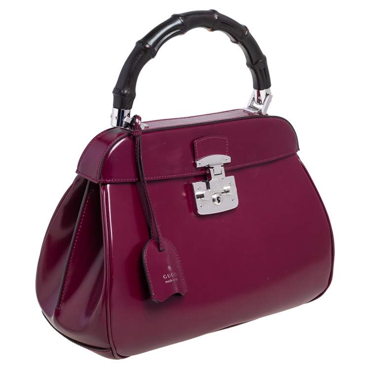 Pre Owned Gucci Burgundy Glossy Leather Medium Lady Lock Top Handle Bag