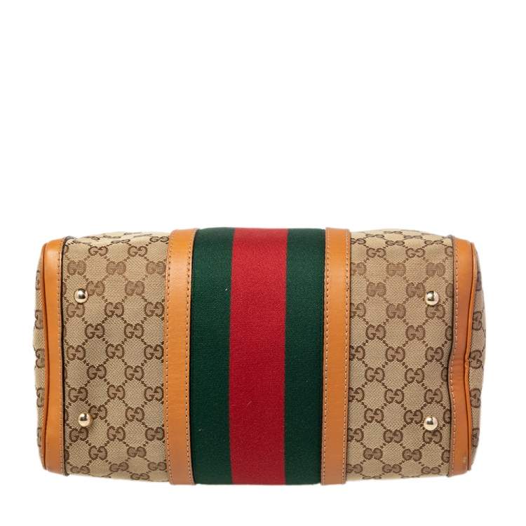 Pre Owned Gucci Brown/Beige GG Canvas Medium Vintage Web Boston Bag