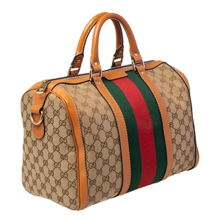 Pre Owned Gucci Brown/Beige GG Canvas Medium Vintage Web Boston Bag