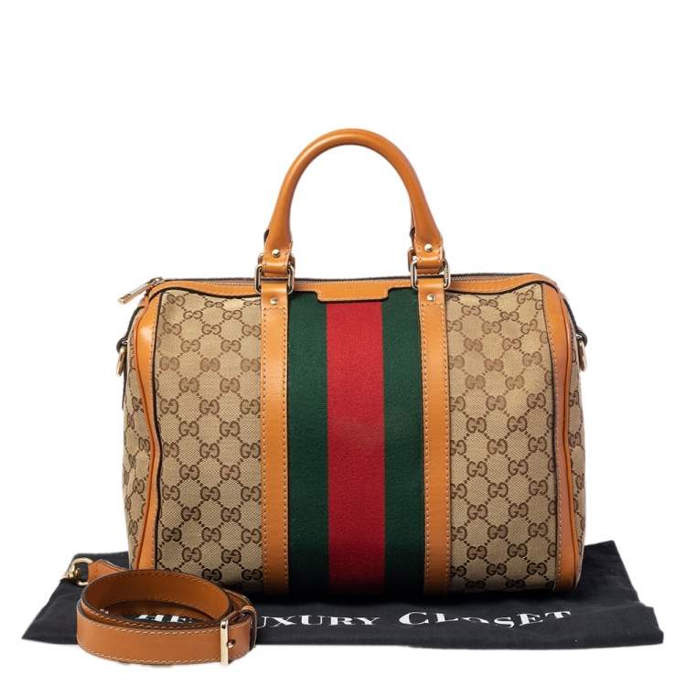 Pre Owned Gucci Brown/Beige GG Canvas Medium Vintage Web Boston Bag