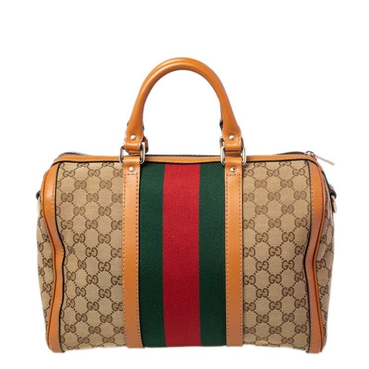 Pre Owned Gucci Brown/Beige GG Canvas Medium Vintage Web Boston Bag