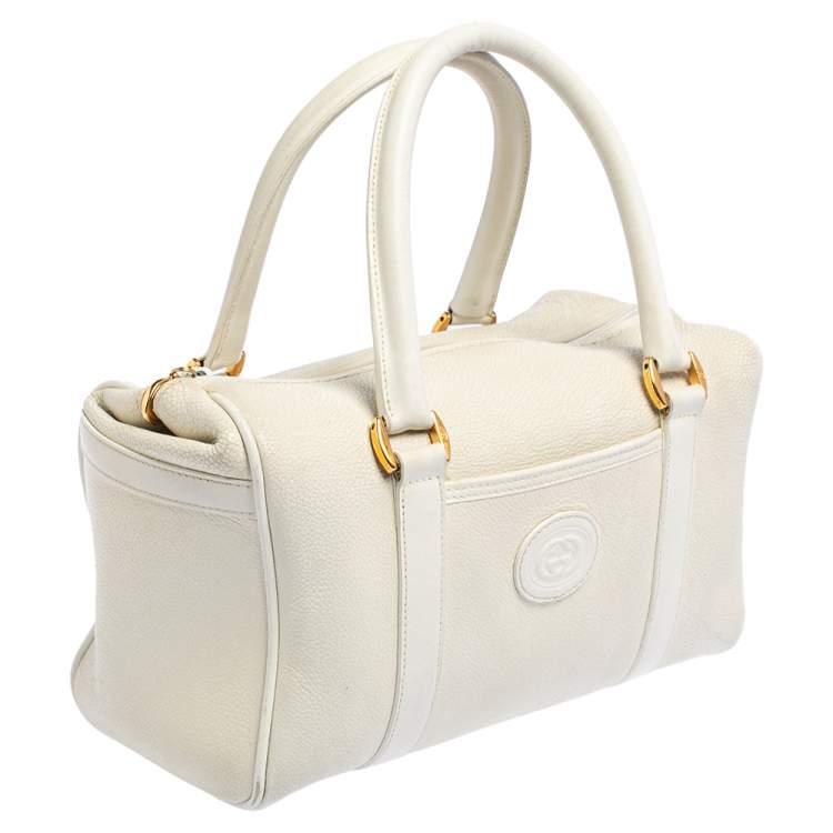 Pre Owned Gucci Off White Leather GG Embossed Boston Bag