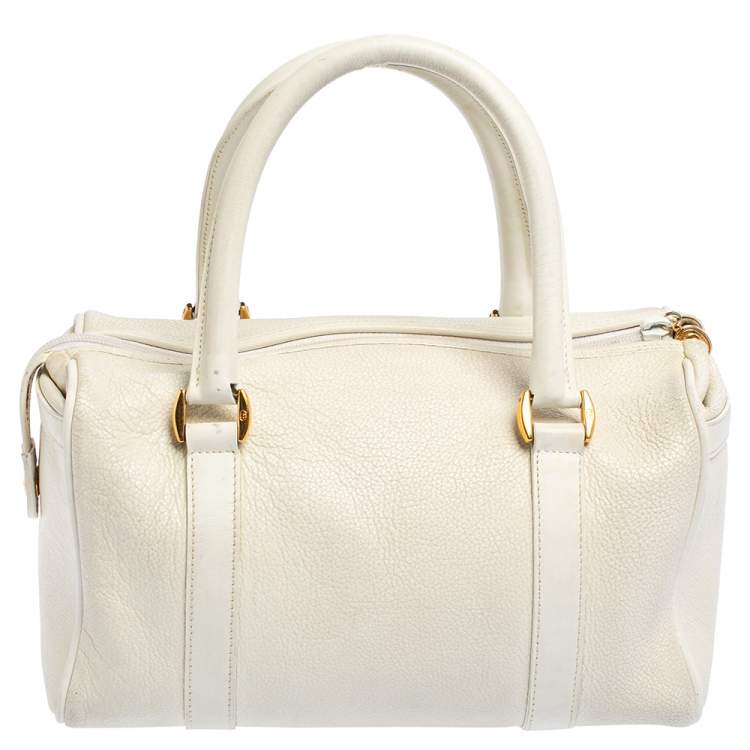 Pre Owned Gucci Off White Leather GG Embossed Boston Bag