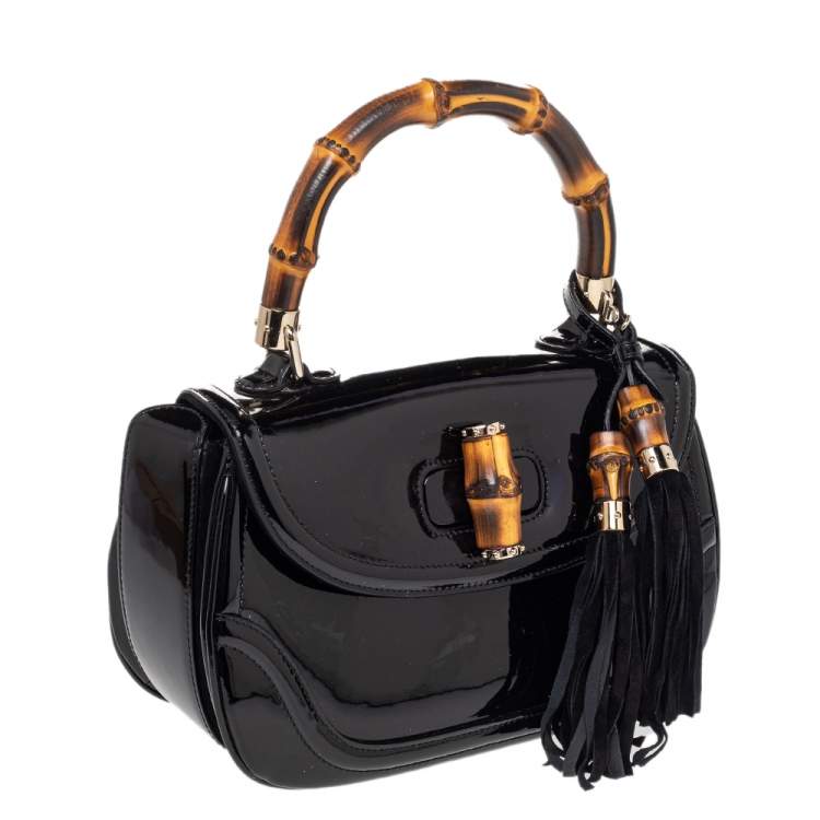 Pre Owned Gucci Black Patent Leather New Bamboo Top Handle Bag