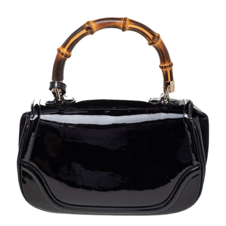 Pre Owned Gucci Black Patent Leather New Bamboo Top Handle Bag