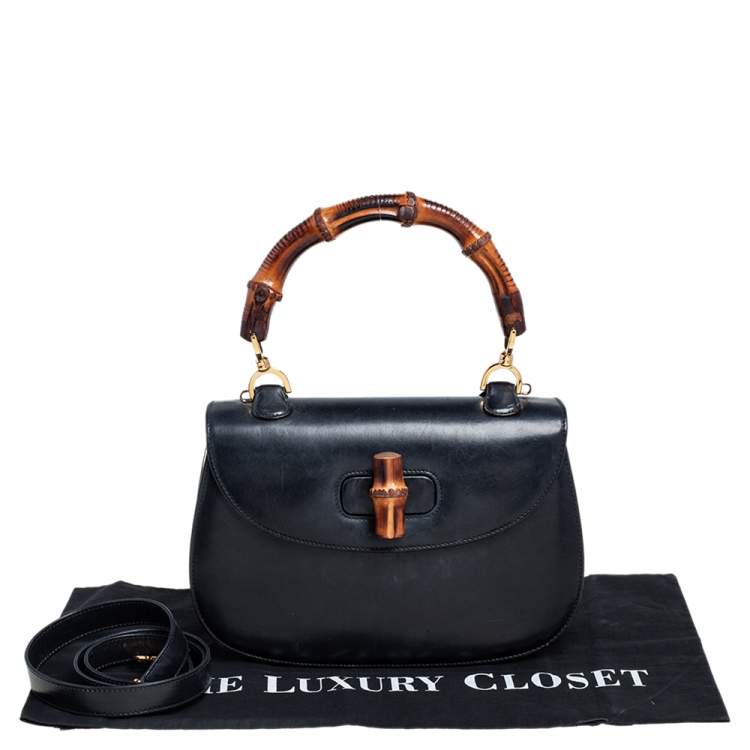 Pre Owned Gucci Black Leather Bamboo Top Handle Bag