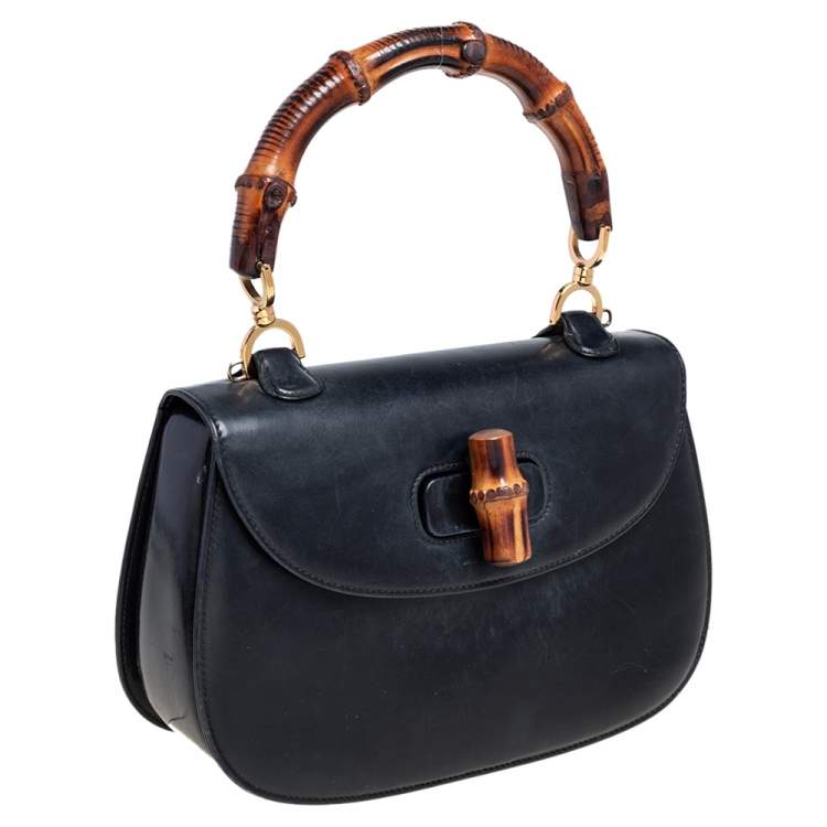 Pre Owned Gucci Black Leather Bamboo Top Handle Bag
