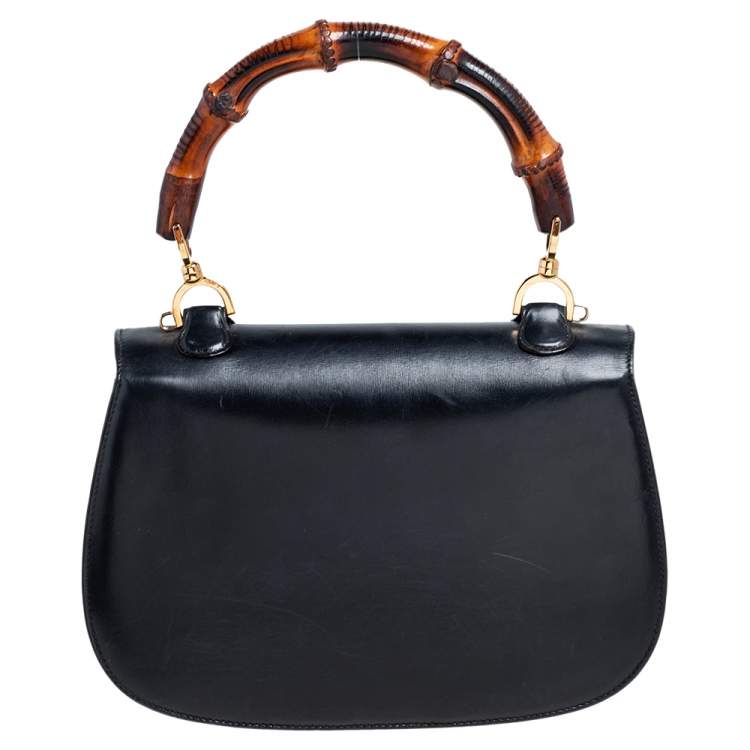 Pre Owned Gucci Black Leather Bamboo Top Handle Bag