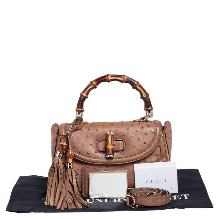 Pre Owned Gucci Brown Ostrich Medium New Bamboo Tassel Top Handle Bag