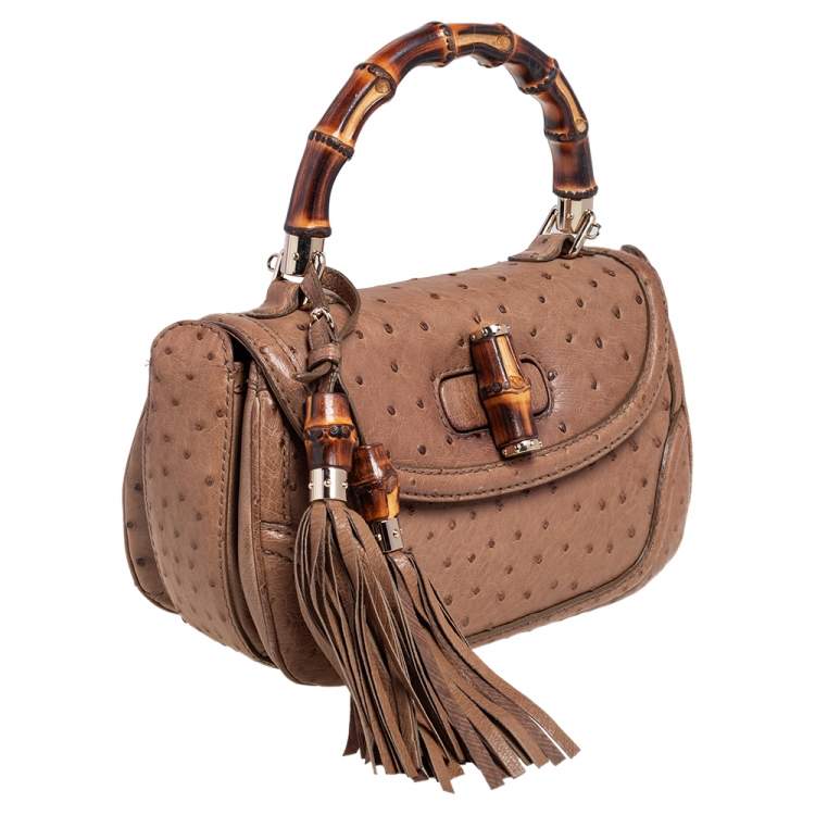 Pre Owned Gucci Brown Ostrich Medium New Bamboo Tassel Top Handle Bag