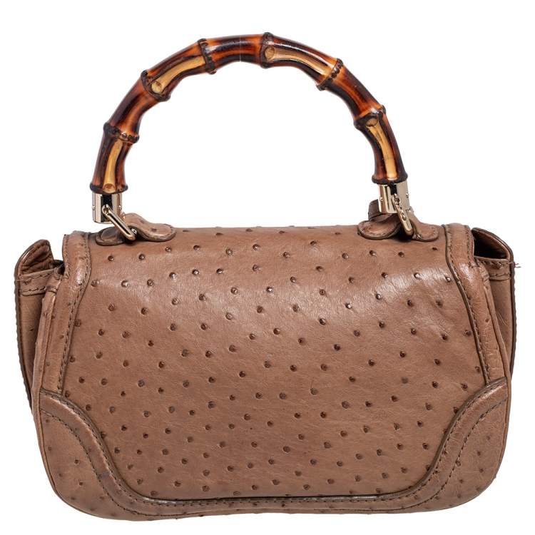 Pre Owned Gucci Brown Ostrich Medium New Bamboo Tassel Top Handle Bag
