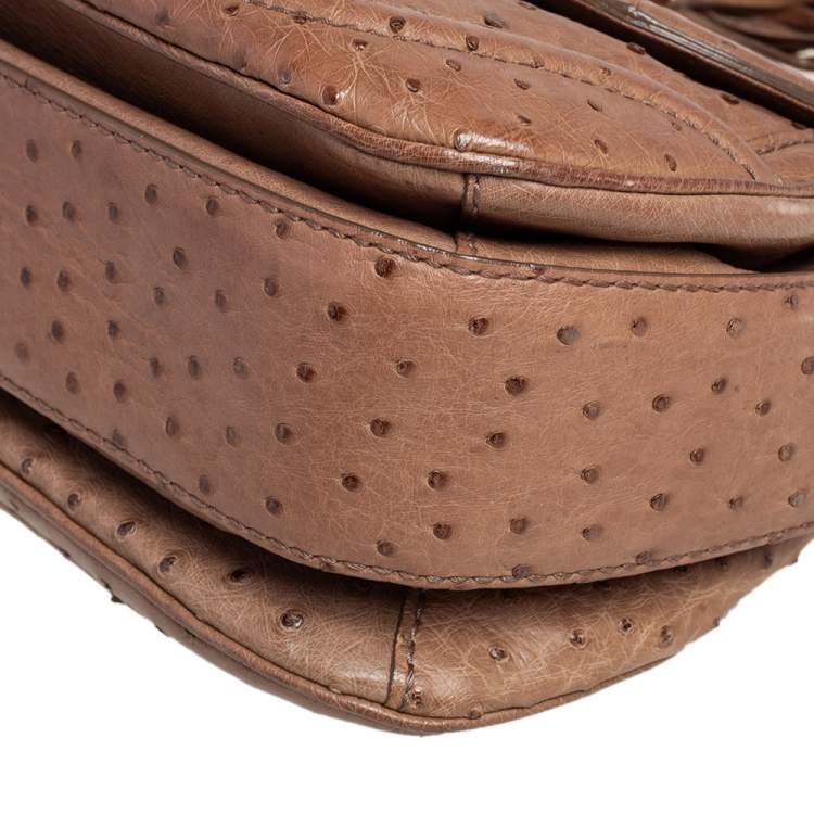 Pre Owned Gucci Brown Ostrich Medium New Bamboo Tassel Top Handle Bag