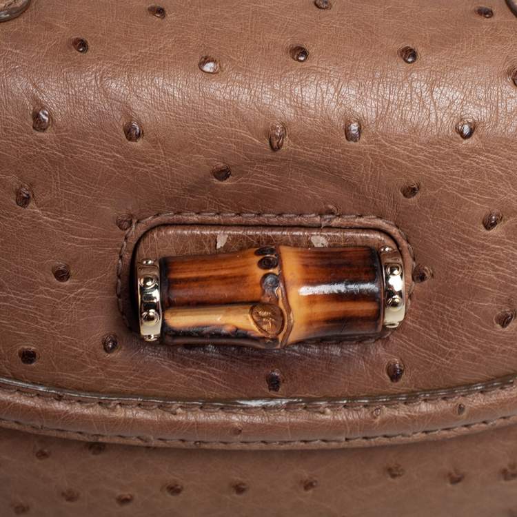 Pre Owned Gucci Brown Ostrich Medium New Bamboo Tassel Top Handle Bag