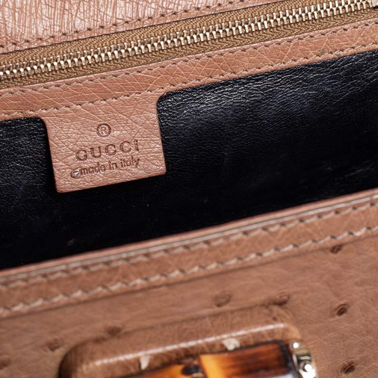 Pre Owned Gucci Brown Ostrich Medium New Bamboo Tassel Top Handle Bag