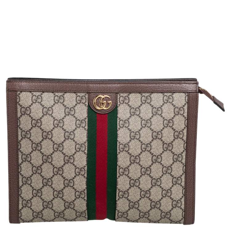 Pre Owned Gucci Beige/Brown GG Supreme Canvas and Leather Ophidia Pouch