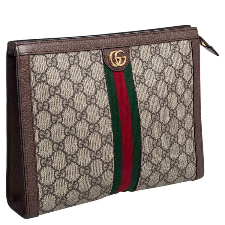 Pre Owned Gucci Beige/Brown GG Supreme Canvas and Leather Ophidia Pouch