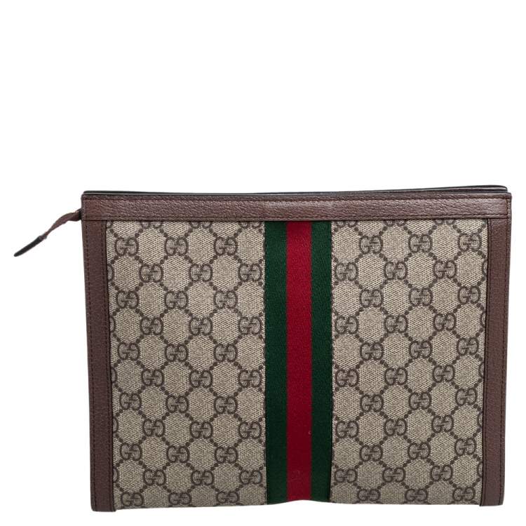 Pre Owned Gucci Beige/Brown GG Supreme Canvas and Leather Ophidia Pouch