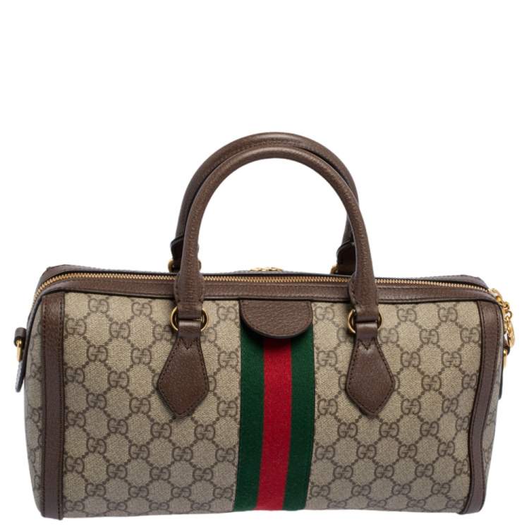 Pre Owned Gucci Beige/Brown GG Supreme Canvas and Leather Medium Ophidia Boston Bag  