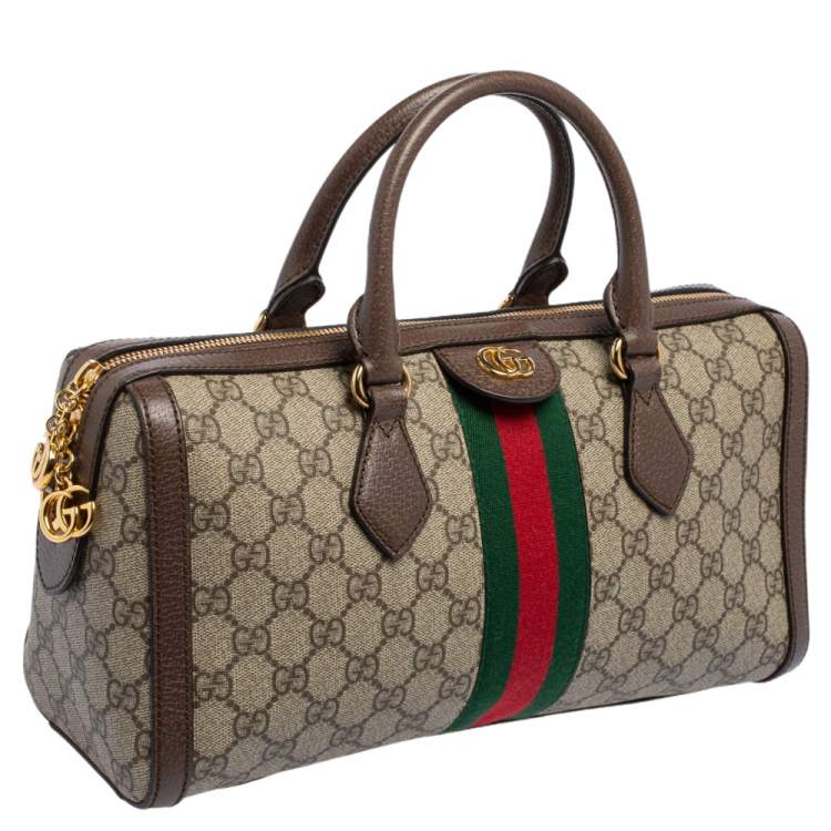 Pre Owned Gucci Beige/Brown GG Supreme Canvas and Leather Medium Ophidia Boston Bag  