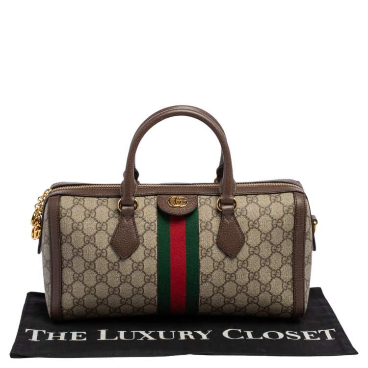 Pre Owned Gucci Beige/Brown GG Supreme Canvas and Leather Medium Ophidia Boston Bag  