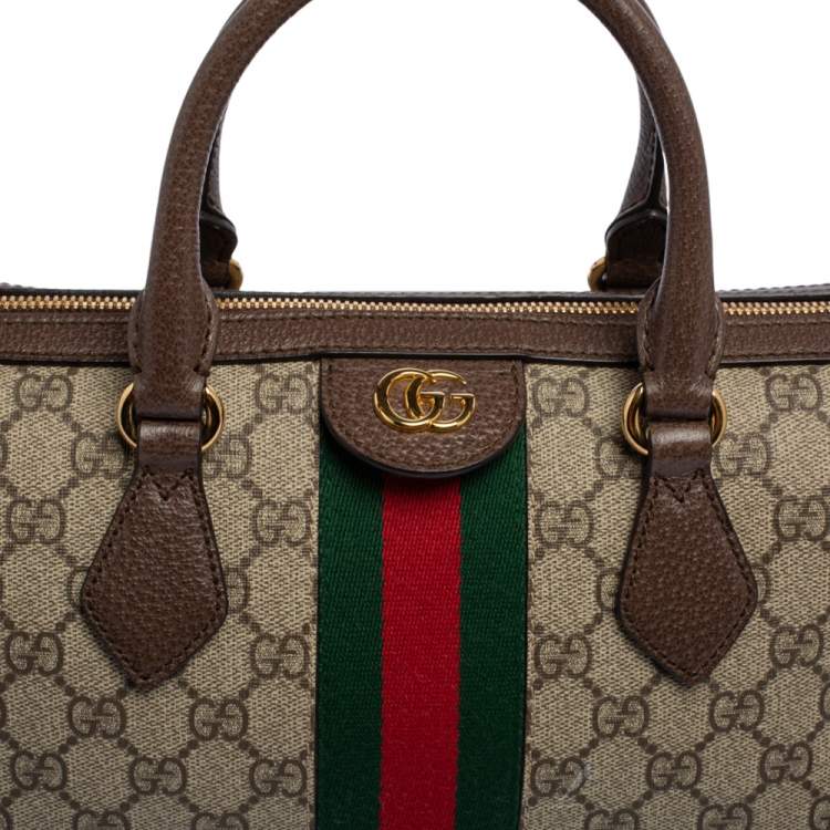 Pre Owned Gucci Beige/Brown GG Supreme Canvas and Leather Medium Ophidia Boston Bag  