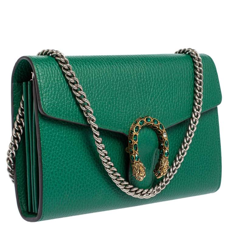 Pre Owned Gucci Green Leather Dionysus Wallet On Chain
