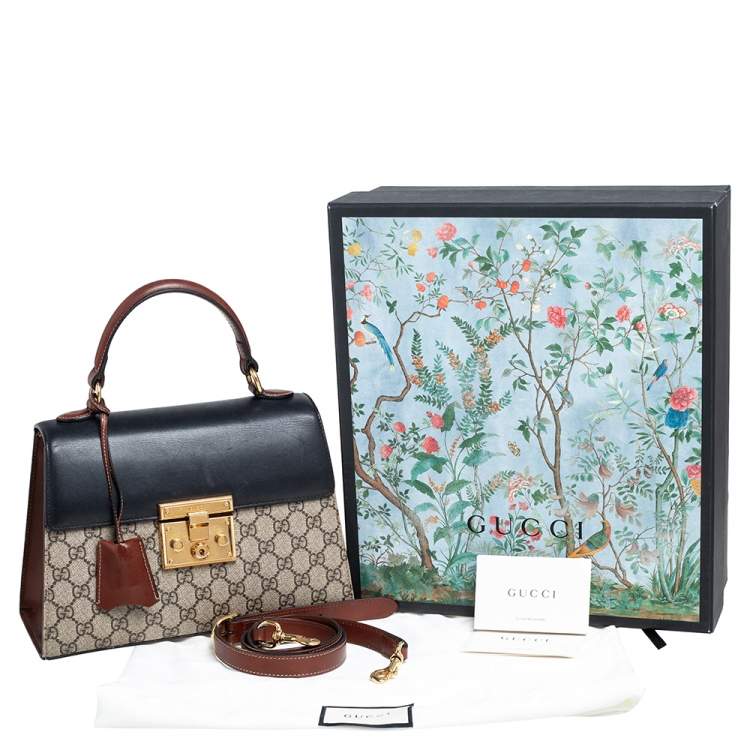 Pre Owned Gucci  Beige/Black GG Supreme Canvas and Leather Small Padlock Top Handle Bag