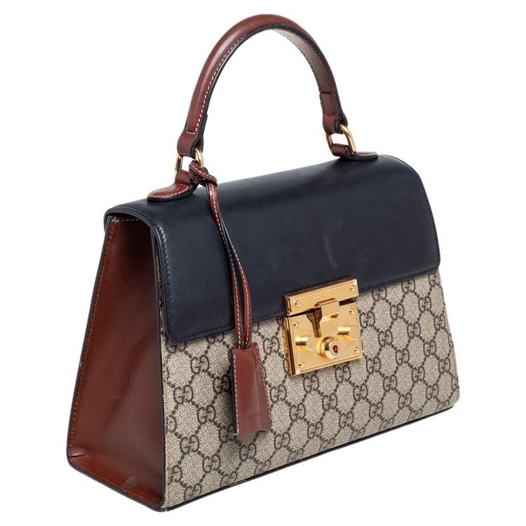 Pre Owned Gucci  Beige/Black GG Supreme Canvas and Leather Small Padlock Top Handle Bag