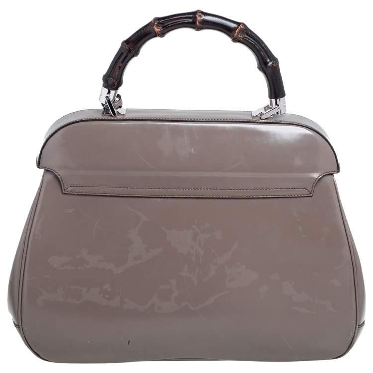 Pre Owned Gucci Grey Leather Lady Lock Bamboo Large Top Handle Bag