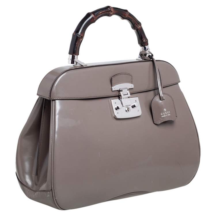 Pre Owned Gucci Grey Leather Lady Lock Bamboo Large Top Handle Bag