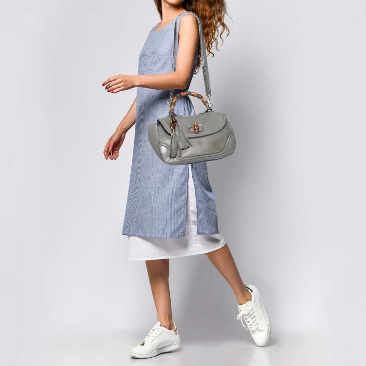 Pre Owned Gucci Grey Leather Large New Bamboo Tassel Top Handle Bag